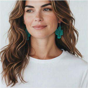 Teal Cactus Drop Earrings